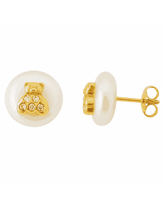 Pendientes para Niña en Oro y Perla con osito de 5 circonitas - Oro Amarillo 18K