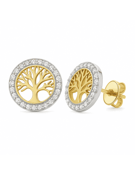 Pendientes para Niña en Oro Árbol de la vida con circonitas - Oro Amarillo 18K