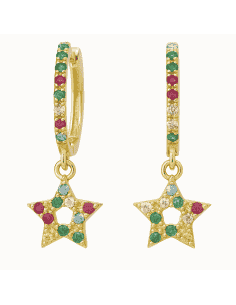 Pendientes Largo de Niña de Oro Estrellas con circonitas de Colores - Oro Amarillo 18k