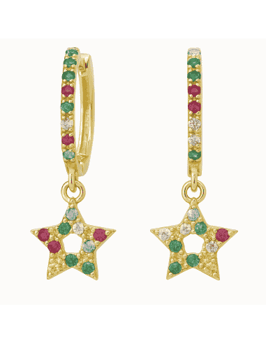 Pendientes Largo de Niña de Oro Estrellas con circonitas de Colores - Oro Amarillo 18k