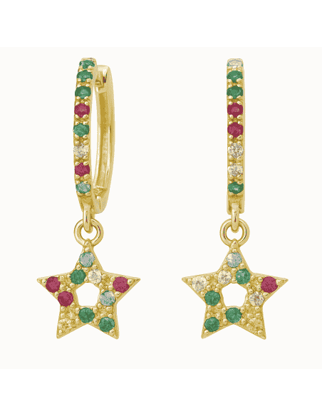 Pendientes Largo de Niña de Oro Estrellas con circonitas de Colores - Oro Amarillo 18k