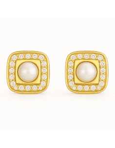 Pendientes para Niña de Oro Cuadrados Cerco circonitas y Perla Central - Oro amarillo 18K