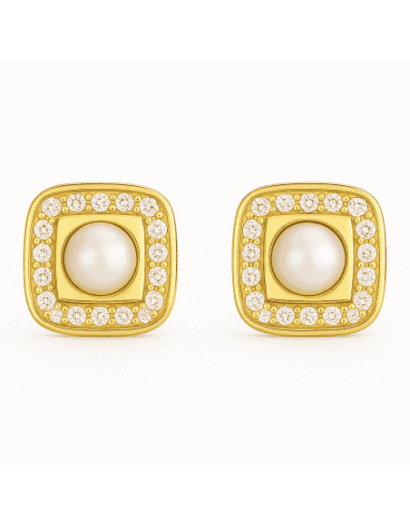 Pendientes para Niña de Oro Cuadrados Cerco circonitas y Perla Central - Oro amarillo 18K