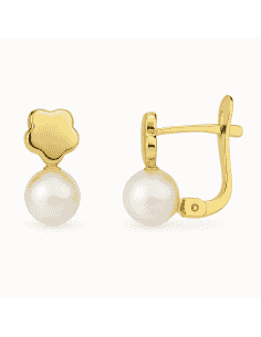 Pendientes para Niña Flor en Oro y Perla redonda abajo- Oro Amarillo 18K