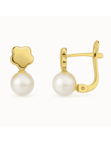 Pendientes para Niña Flor en Oro y Perla redonda abajo- Oro Amarillo 18K