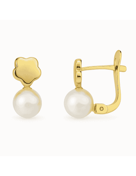 Pendientes para Niña Flor en Oro y Perla redonda abajo- Oro Amarillo 18K