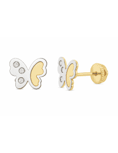 Pendientes para Niña en oro Bicolor Mariposa con circonitas - Oro Amarillo 18K
