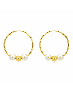 Pendientes para Niña en oro Aro con bola y 2 perlas - Oro Amarillo 18K