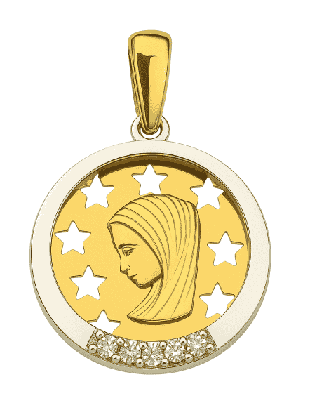Medalla Virgen Niña con circonitas - Oro amarillo y Blanco 18K