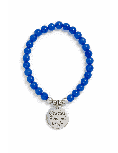 Pulsera con Bolas Azules y Medalla “Gracias por ser mi profe” – Plata 925