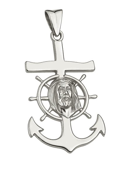 Colgante Cruz, Ancla y Timón con Rostro de Cristo - Plata 925