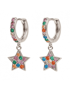 Pendientes para Mujer de Aro en Plata de Ley con Estrellas Colgantes y Circonitas Multicolor - Plata 925