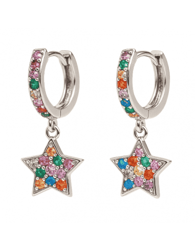 Pendientes para Mujer de Aro en Plata de Ley con Estrellas Colgantes y Circonitas Multicolor - Plata 925