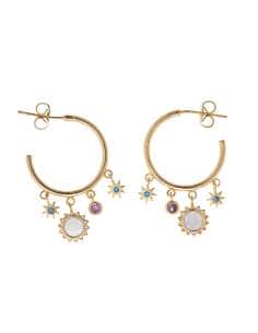 Pendiente para Mujer Aro en Plata Dorada con Sol de Nácar y Estrellas con Circonitas en Plata Dorada - Salvatore 164A0098