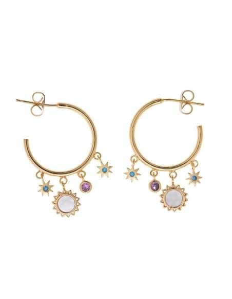 Pendiente para Mujer Aro en Plata Dorada con Sol de Nácar y Estrellas con Circonitas en Plata Dorada - Salvatore 164A0098