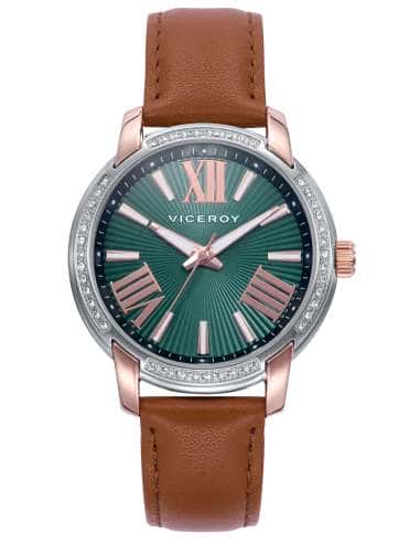 Reloj para Mujer esfera Verde con Circonitas y Correa de Piel Marrón - Viceroy 401272-63
