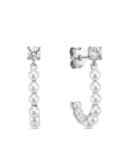 Pendientes de Plata para Mujer con Medio Aro de Perlas y Circonita - Plata 925
