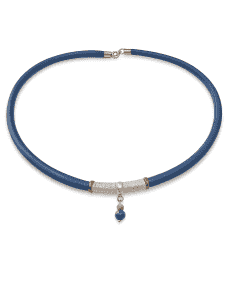 Collar de Cordón Textil Azul con Tubo de Plata de Ley y Piedra Natural Azul - Plata 925