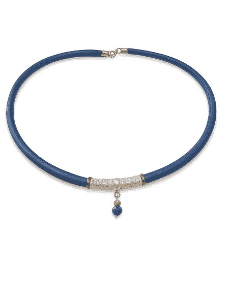 Collar de Cordón Textil Azul con Tubo de Plata de Ley y Piedra Natural Azul - Plata 925
