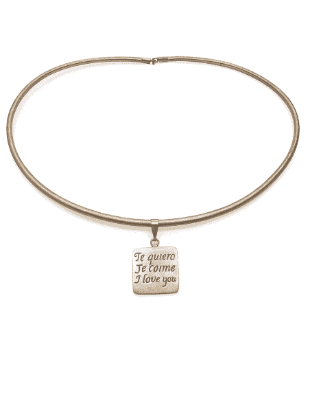 Collar con colgante Cuadrado “Te Quiero” en 4 Idiomas con Collar de Piel y Plata de Ley - Plata 925