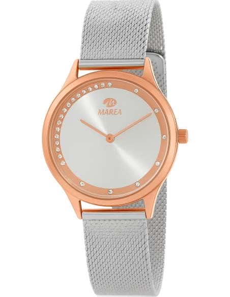 Reloj para Mujer con Caja Oro Rosa y Correa de Malla Plateada con Detalles de Cristales - Marea B41334/3
