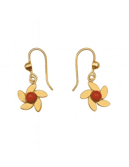 Pendiente para Mujer largo en oro con Forma de Flor con Media Bola de Coral Central - Oro Amarillo 18K