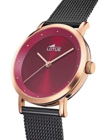 Reloj para Mujer Malla Negra y Caja Rosé con Esfera Burdeos - Lotus 18880/1
