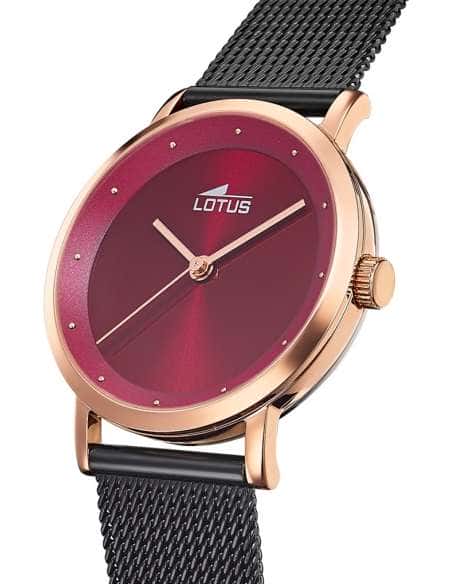 Reloj para Mujer Malla Negra y Caja Rosé con Esfera Burdeos - Lotus 18880/1