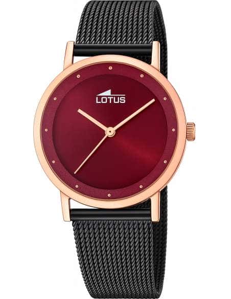 Reloj para Mujer Malla Negra y Caja Rosé con Esfera Burdeos - Lotus 18880/1