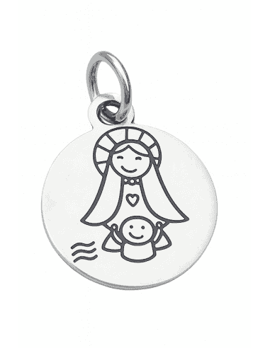 Colgante para Mujer de Plata Medalla Virgen con Niño Estilo Infantil - Plata 925
