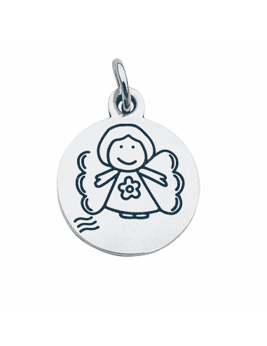 Colgante para Mujer de Plata Redondo con Dibujo Infantil de Ángel de la Guarda - Plata 925