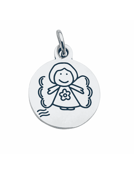 Colgante para Mujer de Plata Redondo con Dibujo Infantil de Ángel de la Guarda - Plata 925