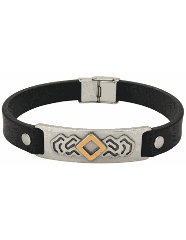 Pulsera para Hombre Acero y Caucho Negro - Grabado Tribal en Relieve Bicolor