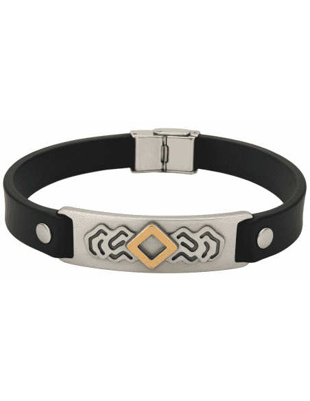 Pulsera para Hombre Acero y Caucho Negro - Grabado Tribal en Relieve Bicolor