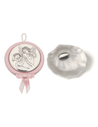 Set Infantil Concha de Bautizo y Medallón Cuna Ángel de la Guarda Rosa - Global Argenti 10550R