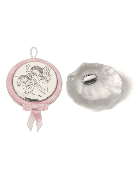 Set Infantil Concha de Bautizo y Medallón Cuna Ángel de la Guarda Rosa - Global Argenti 10550R