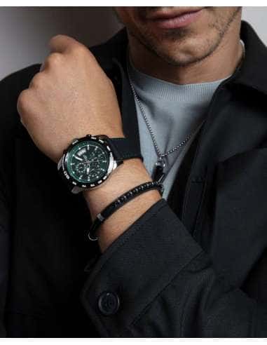 Pulsera para Hombre de Acero y Piel Negra -...