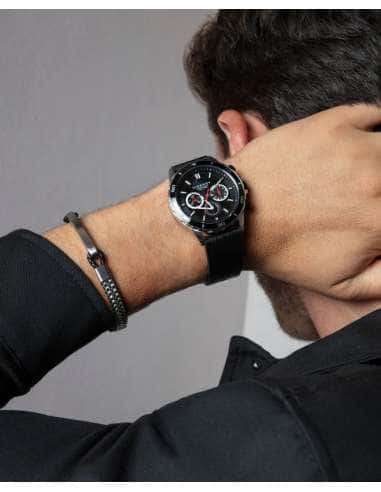 Pulsera para Hombre de Acero y Piel Negra -...