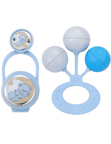 Set Infantil Portachupetes con Pinza y Sonajero Oso Luna Azul - Eventi EV3516/01C