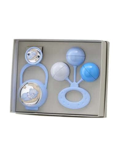 Set Infantil Portachupetes con Pinza y Sonajero Oso Luna Azul - Eventi EV3516/01C