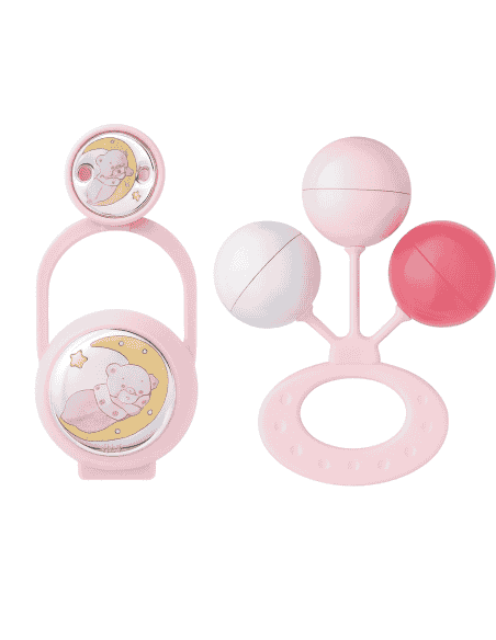 Set Infantil Portachupetes con Pinza y Sonajero Oso Luna Rosa - Eventi EV3516/01R