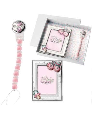 Set Infantil Pinza Mordedor Peucos y Marco de fotos Chupete con Peucos Rosa - Valenti 75096 RA