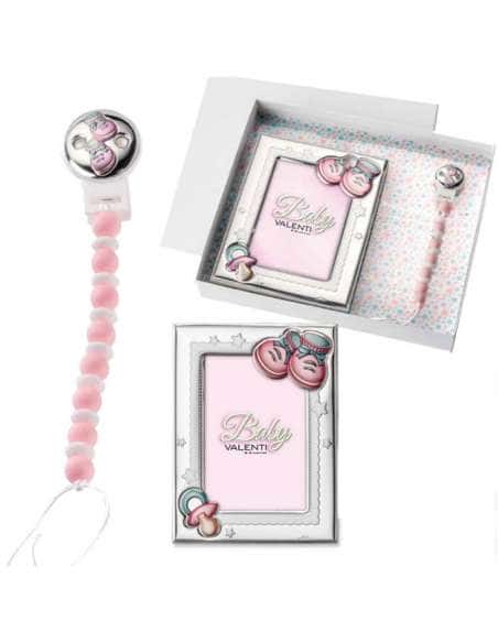 Set Infantil Pinza Mordedor Peucos y Marco de fotos Chupete con Peucos Rosa - Valenti 75096 RA