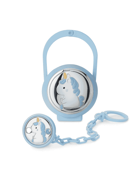 Set Infantil Portachupetes con Pinza Unicornio Azul - Puro argenti  PU8564/C