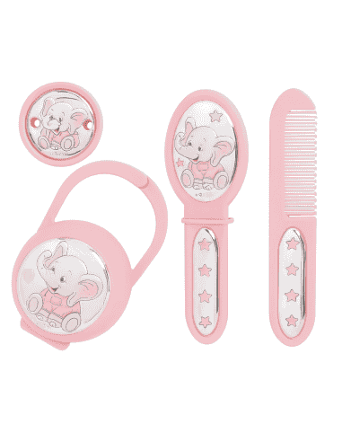 Set Infantil Portachupetes con Pinza, Cepillo y Peine Elefante Rosa - Eventi EV3236/05R
