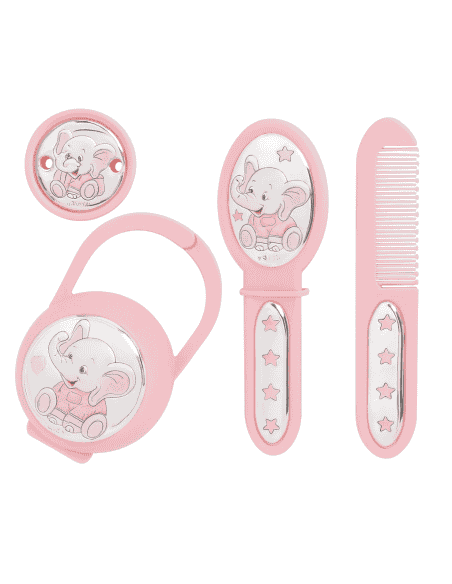Set Infantil Portachupetes con Pinza, Cepillo y Peine Elefante Rosa - Eventi EV3236/05R