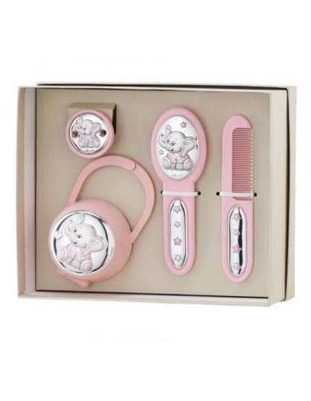 Set Infantil Portachupetes con Pinza, Cepillo y Peine Elefante Rosa - Eventi EV3236/05R