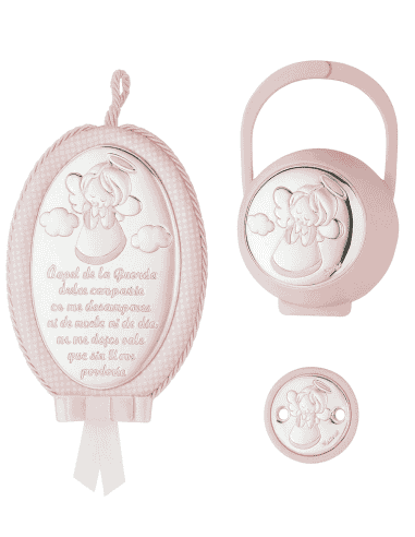 Set Infantil Portachupetes con pinza y Medallón de cuna Ángel de la Guarda Rosa - Eventi EV5104/02SR