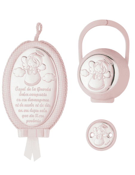 Set Infantil Portachupetes con pinza y Medallón de cuna Ángel de la Guarda Rosa - Eventi EV5104/02SR