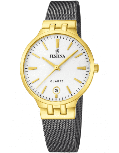 Reloj para Mujer Caja Dorada con Malla Negra y Esfera Blanca - Festina F20714/1